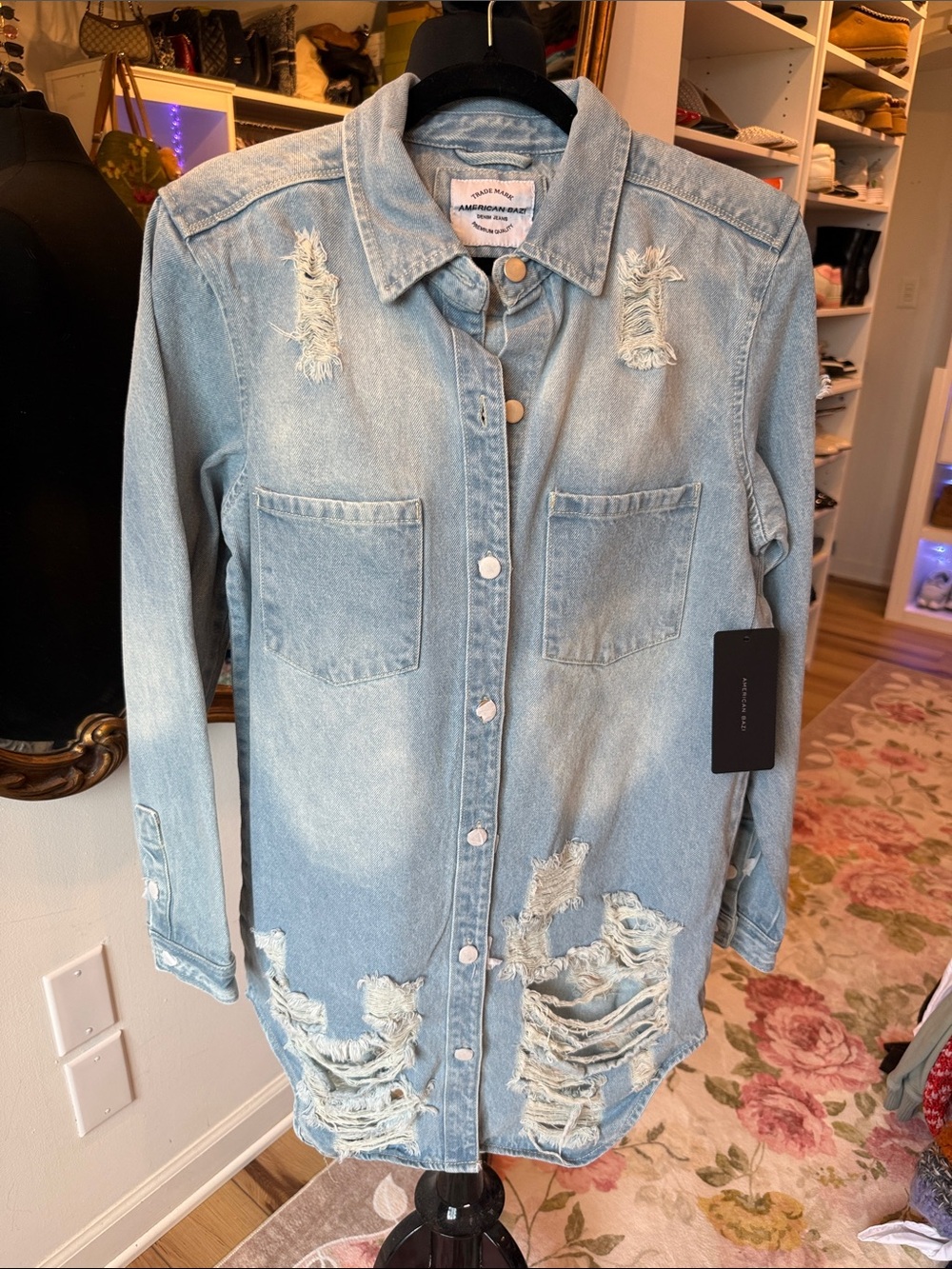 American Bazi Light Blue Distressed Denim Shacket